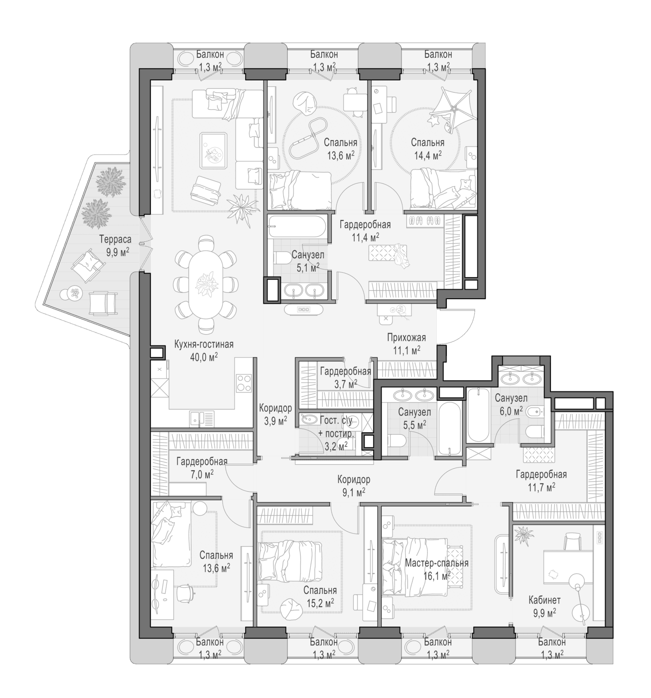 Планировка: 6-комнатная квартира 202,7 м² в ЖК «Квартал Тишинский бульвар»