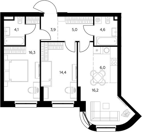 Планировка: Евротрёшка 70,8 м² в ЖК «Адмирал»