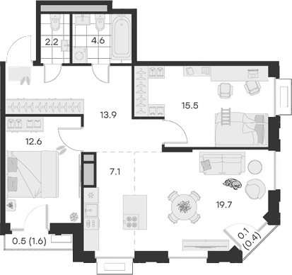 Планировка: Евротрёшка 75,6 м² в ЖК «Михалевич»
