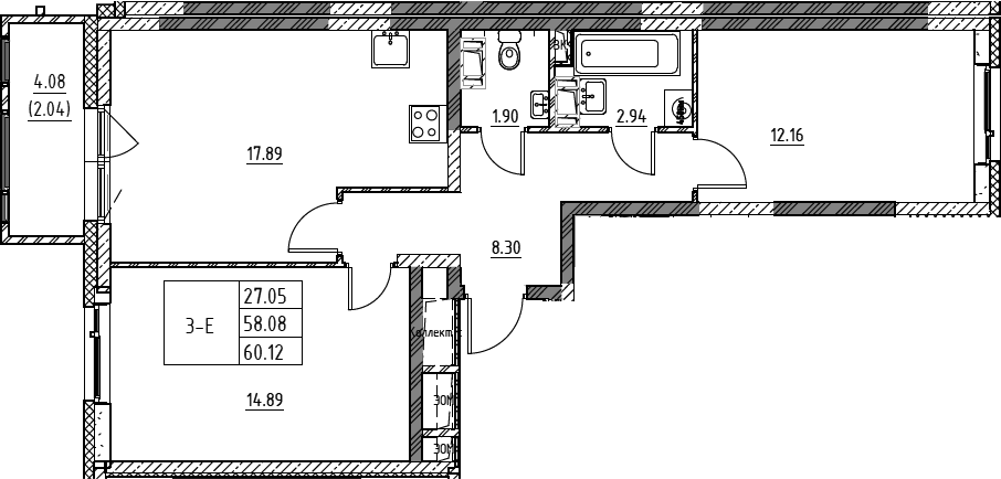 Планировка: Евротрёшка 58,1 м² в ЖК «Город-спутник Южный»