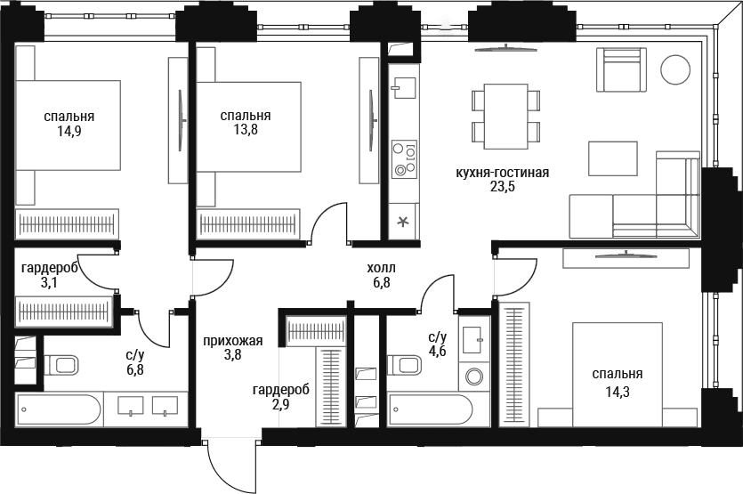 Планировка: Квартира евро-4 93,9 м² в ЖК «Шелепиха»