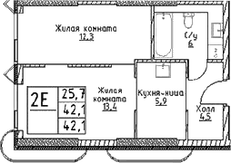 Планировка: Евродвушка 46,6 м² в ЖК «Наметкин Тауэр»