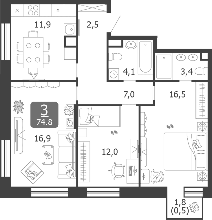 3-комнатная квартира