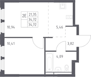Планировка: Евродвушка 34,7 м² в ЖК «Космический Квартал»