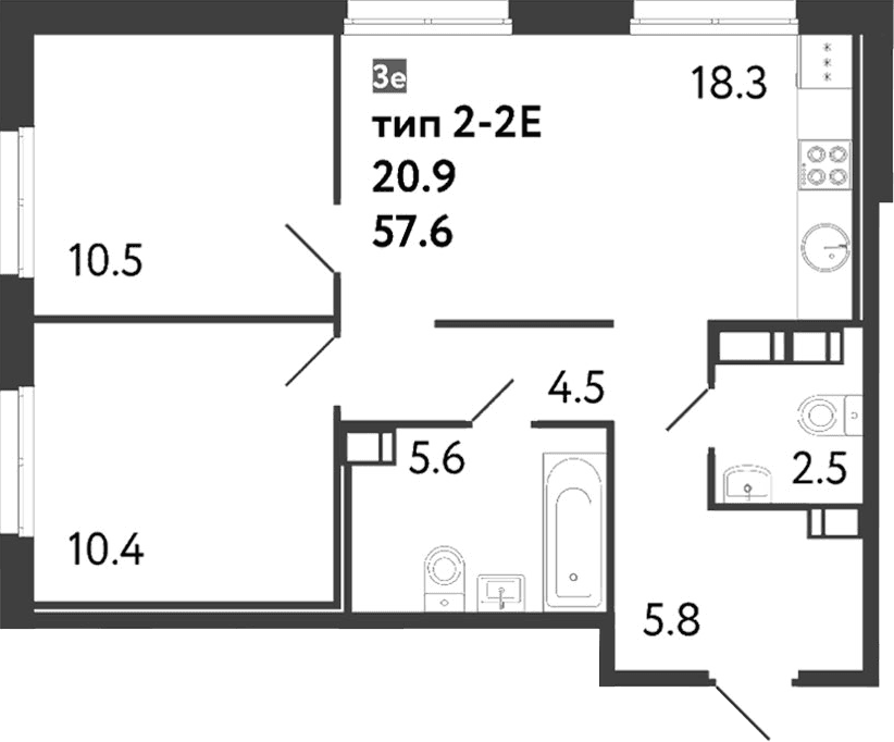 Планировка: Евротрёшка 57,6 м² в ЖК «Струны»