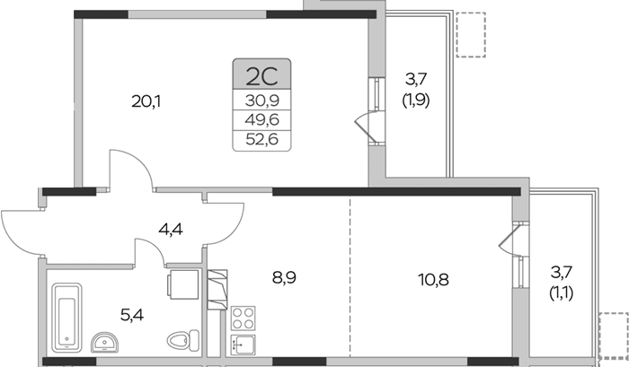 Планировка: 1-комнатная квартира 49,6 м² в ЖК «Пироговская ривьера»