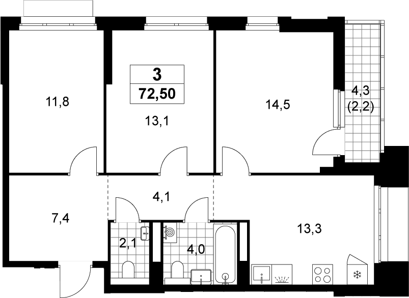 Планировка: 3-комнатная квартира 70,3 м² в ЖК «Деснаречье»