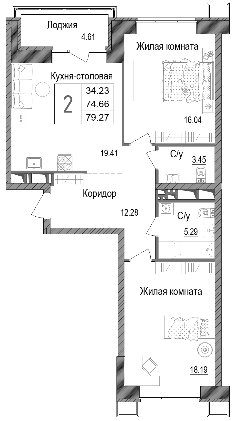 Планировка: 2-комнатная квартира 74,7 м² в ЖК «АРТ»