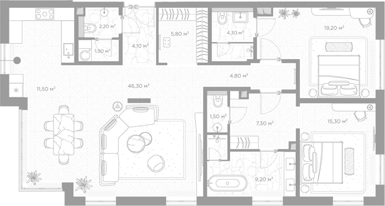 Планировка: 2-комнатная квартира 133,4 м² в ЖК «Николь»
