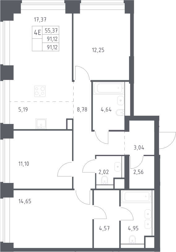 Планировка: Квартира евро-4 91,1 м² в ЖК «НОВА»