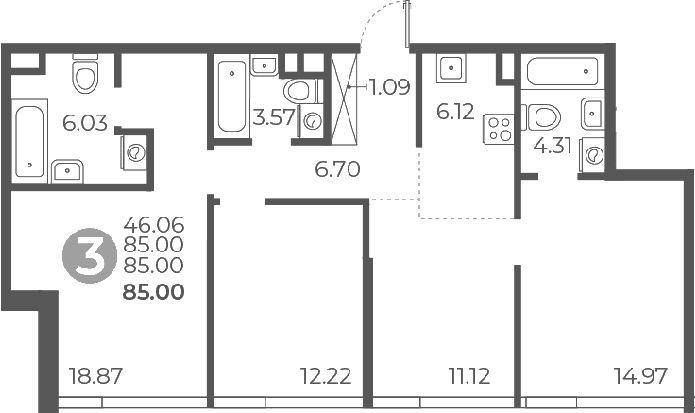 Планировка: 3-комнатная квартира 85 м² в ЖК «Мневники от Гранель»