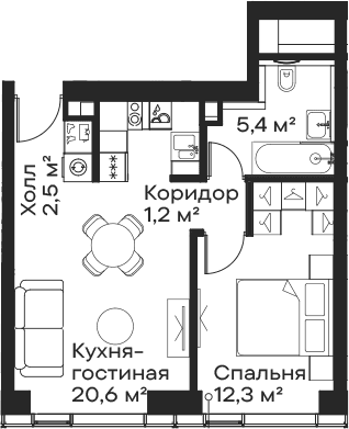 Планировка: Евродвушка 42 м² в ЖК «Сити Бэй»