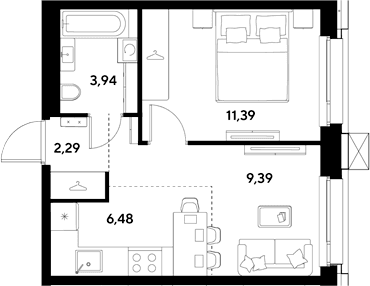 Планировка: Евродвушка 33,5 м² в ЖК «ЭВО»