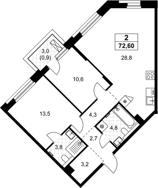 Планировка: Евротрёшка 71,7 м² в ЖК «Хольм»