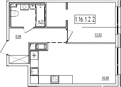 Планировка: Евродвушка 43,3 м² в ЖК «Новый Ямбург»