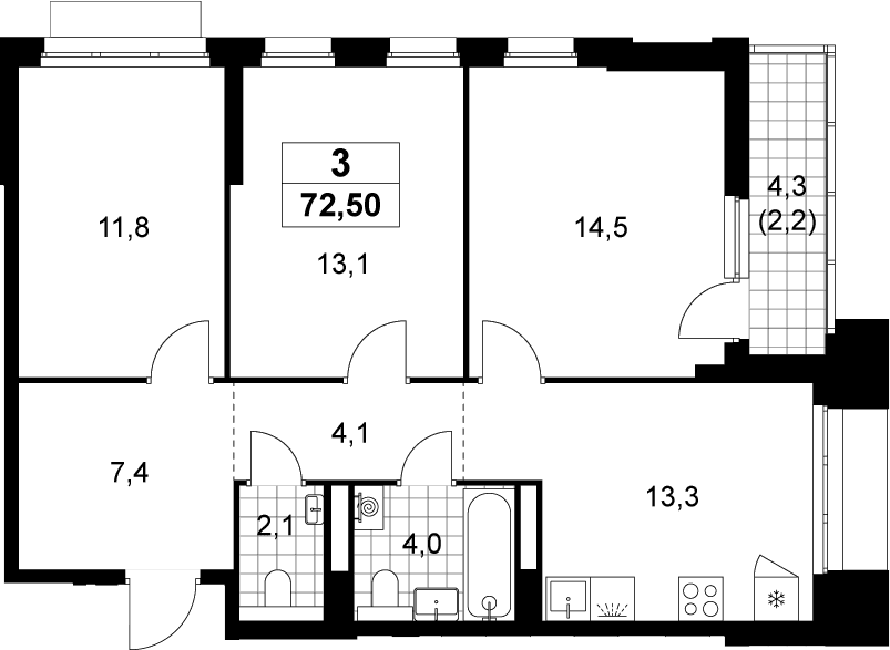Планировка: 3-комнатная квартира 70,3 м² в ЖК «Деснаречье»