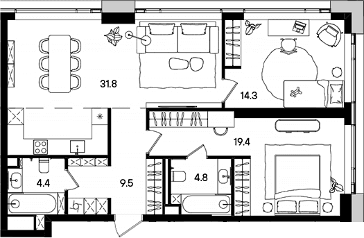 Планировка: Евротрёшка 85,2 м² в ЖК «СТОУН Грэйн»