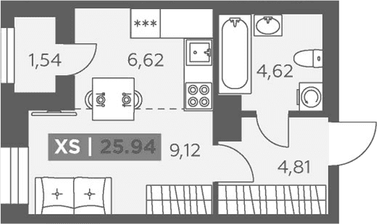 Планировка: Студия 25,2 м² в ЖК «Аквилон Солар»