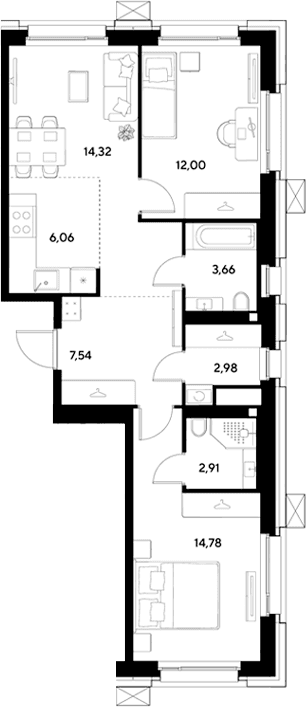 Планировка: Евротрёшка 64,3 м² в ЖК «ЭВО»