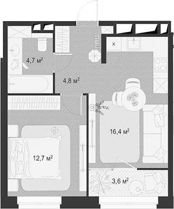 Планировка: Евродвушка 38,6 м² в ЖК «Гранд Комфорт 3»