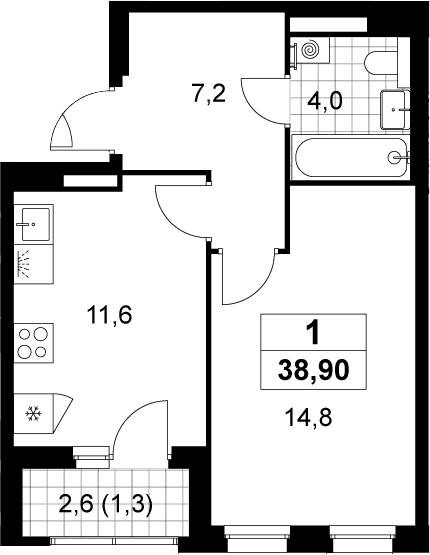 Планировка: 1-комнатная квартира 37,6 м² в ЖК «Деснаречье»