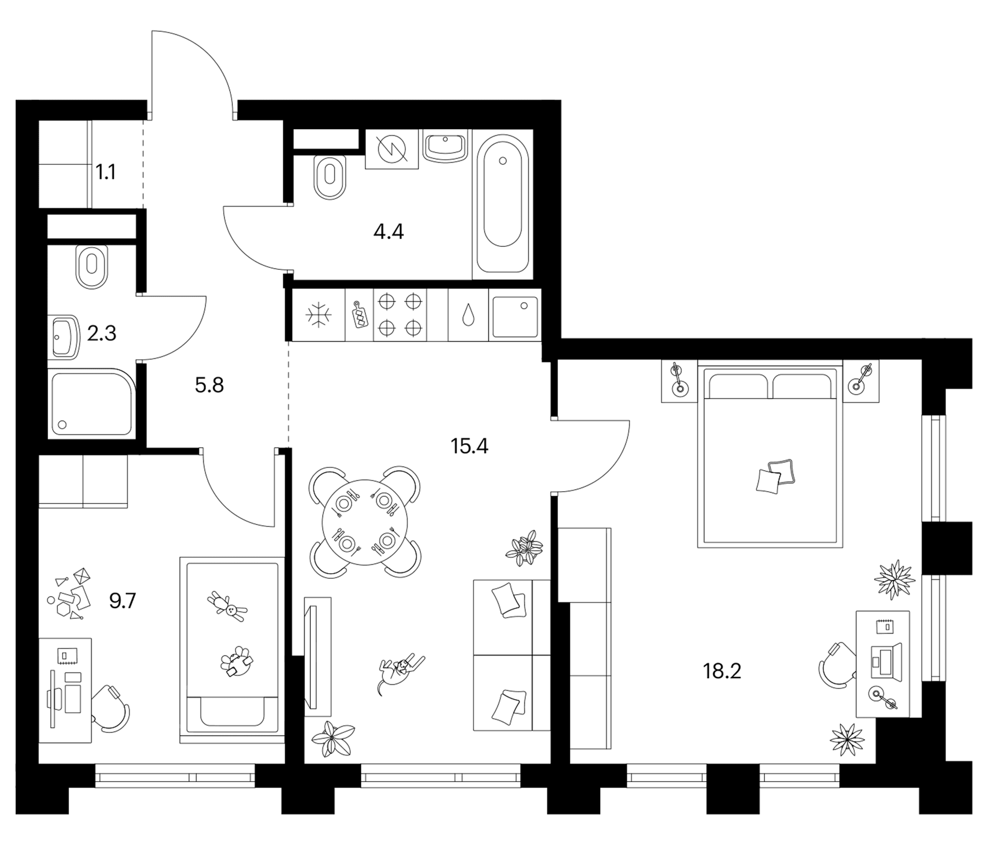 Планировка: 2-комнатная квартира 56,9 м² в ЖК «Зеленый парк»