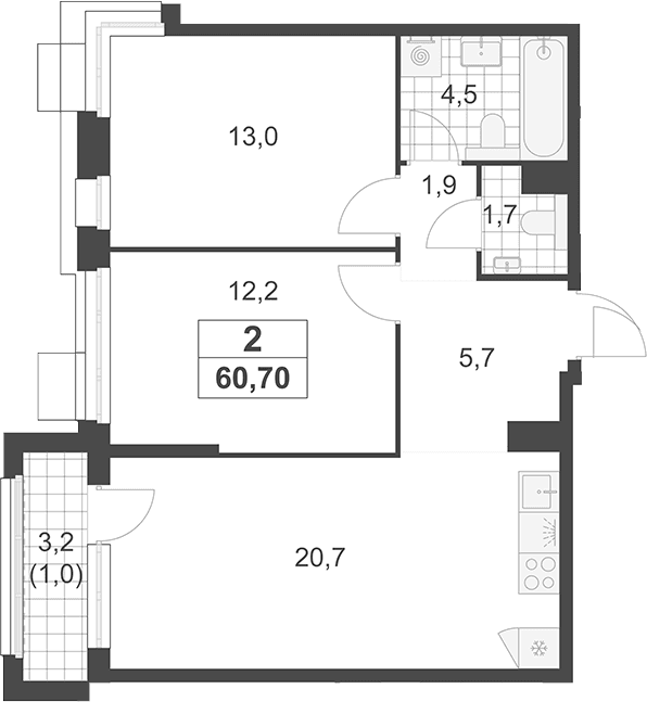 Планировка: Евротрёшка 59,7 м² в ЖК «Южные сады»