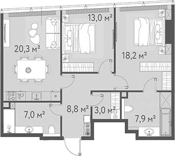 Планировка: Евротрёшка 78,2 м² в ЖК «ОНЕ»