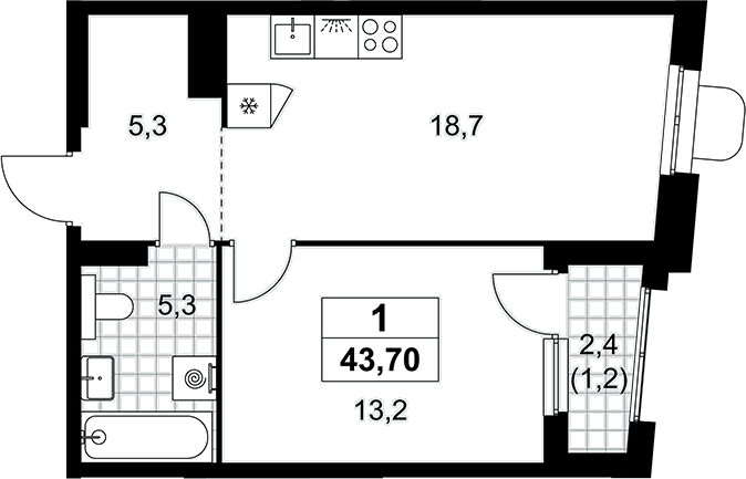 Планировка: Евродвушка 42,5 м² в ЖК «Прокшино»