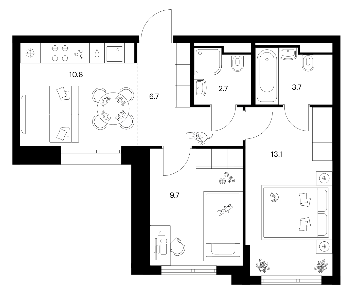 Планировка: 2-комнатная квартира 46,7 м² в ЖК «Зеленый парк»