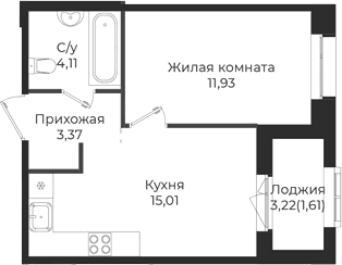 Планировка: Евродвушка 34,4 м² в ЖК «Новатория»