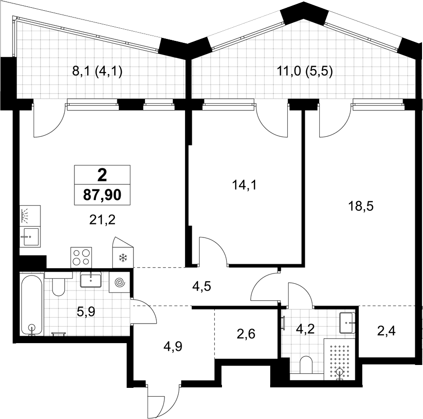 Планировка: Евротрёшка 78,3 м² в ЖК «Хольм»