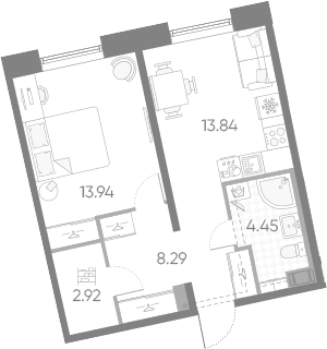 Планировка: Евродвушка 43,4 м² в ЖК «Бульвар Грина»