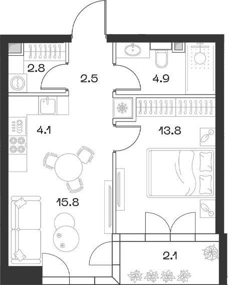 Планировка: Евродвушка 43,9 м² в ЖК «SHIFT»