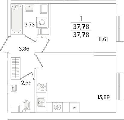 Планировка: Евродвушка 37,8 м² в ЖК «Кинопарк»