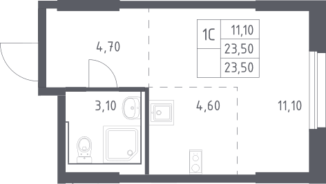 Планировка: Студия 23,5 м² в ЖК «Химки Парк»