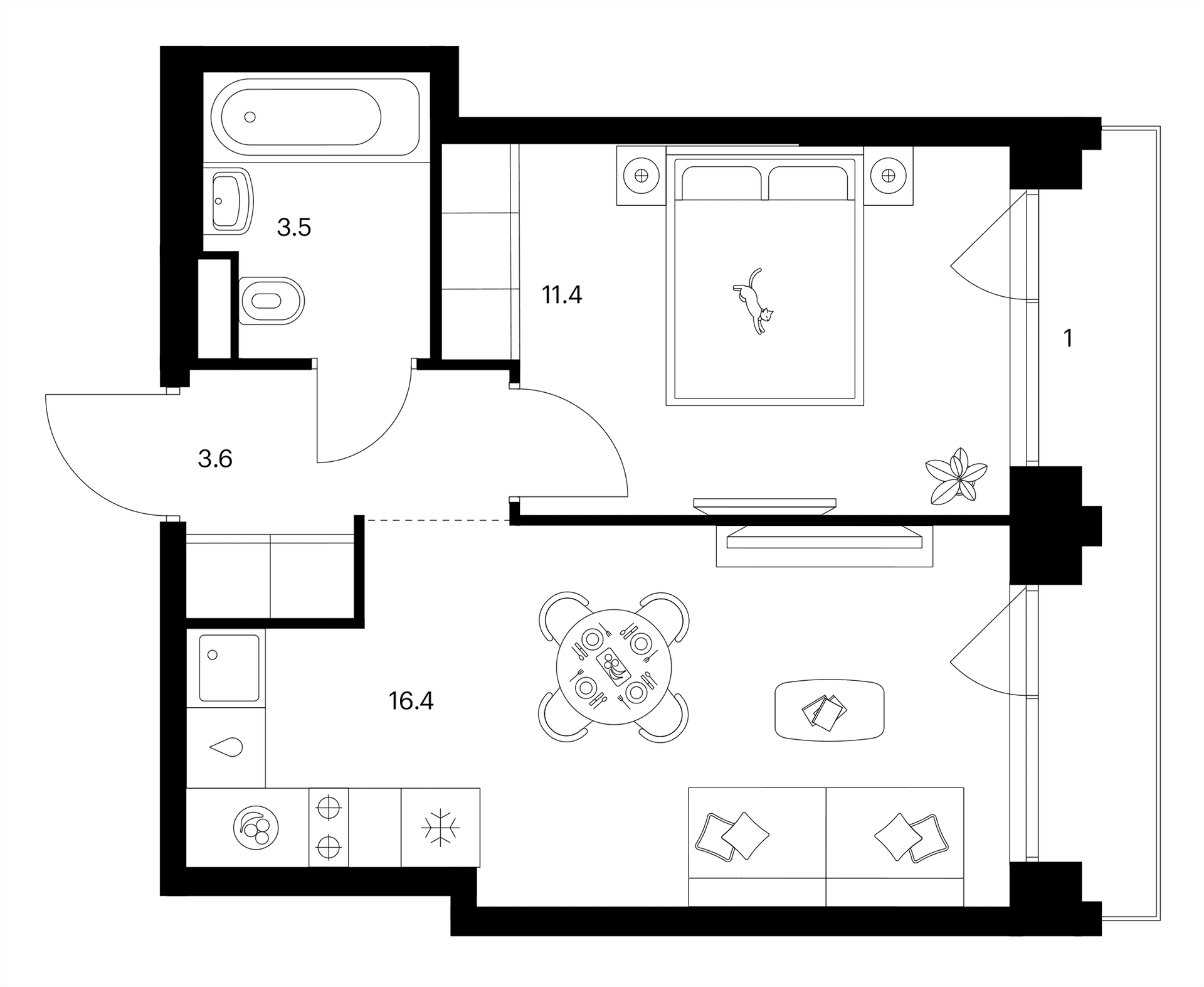 Планировка: 1-комнатная квартира 34,9 м² в ЖК «Строгино 360»