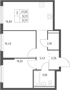 Планировка: Евротрёшка 51,7 м² в ЖК «Большое Юрлово»
