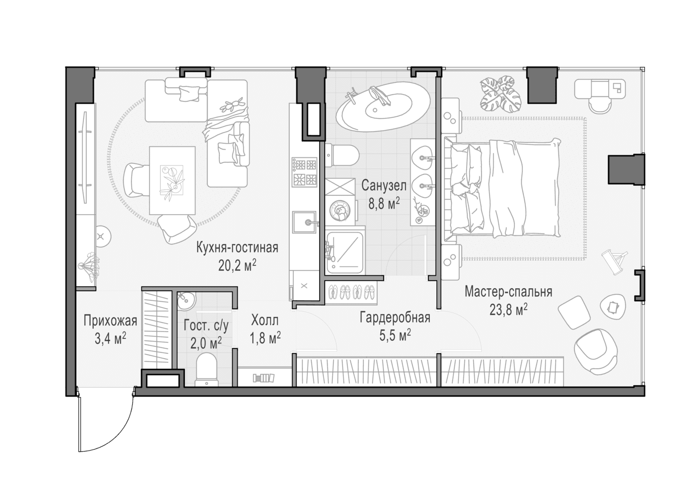 Планировка: Евродвушка 65,9 м² в ЖК «Квартал Life Time»