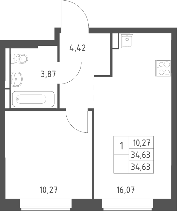 Планировка: Евродвушка 34,6 м² в ЖК «Большое Юрлово»