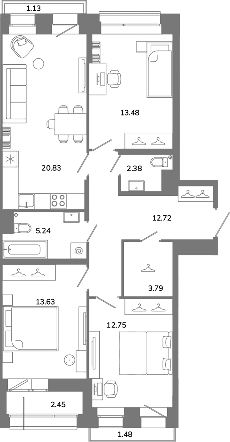 Планировка: Квартира евро-4 84,8 м² в ЖК «Твой Космос»