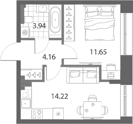 Планировка: 1-комнатная квартира 34 м² в ЖК «Нева Арт»