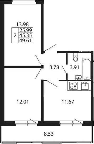 Планировка: 2-комнатная квартира 45,4 м² в ЖК «Полис Новоселье»