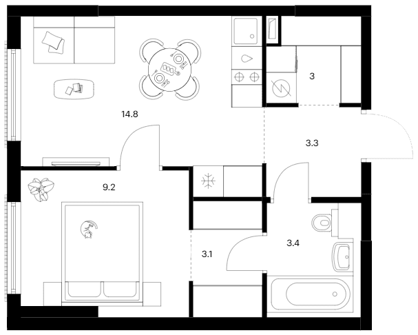 Планировка: 1-комнатная квартира 36,8 м² в ЖК «Москворечье»