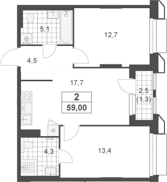 Планировка: Евротрёшка 57,7 м² в ЖК «Южные сады»
