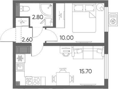 Планировка: Евродвушка 31,1 м² в ЖК «Ручьи 2»
