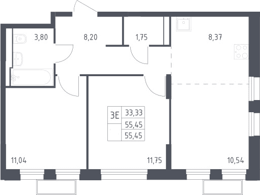 Планировка: Евротрёшка 55,5 м² в ЖК «Квартал Строгино»