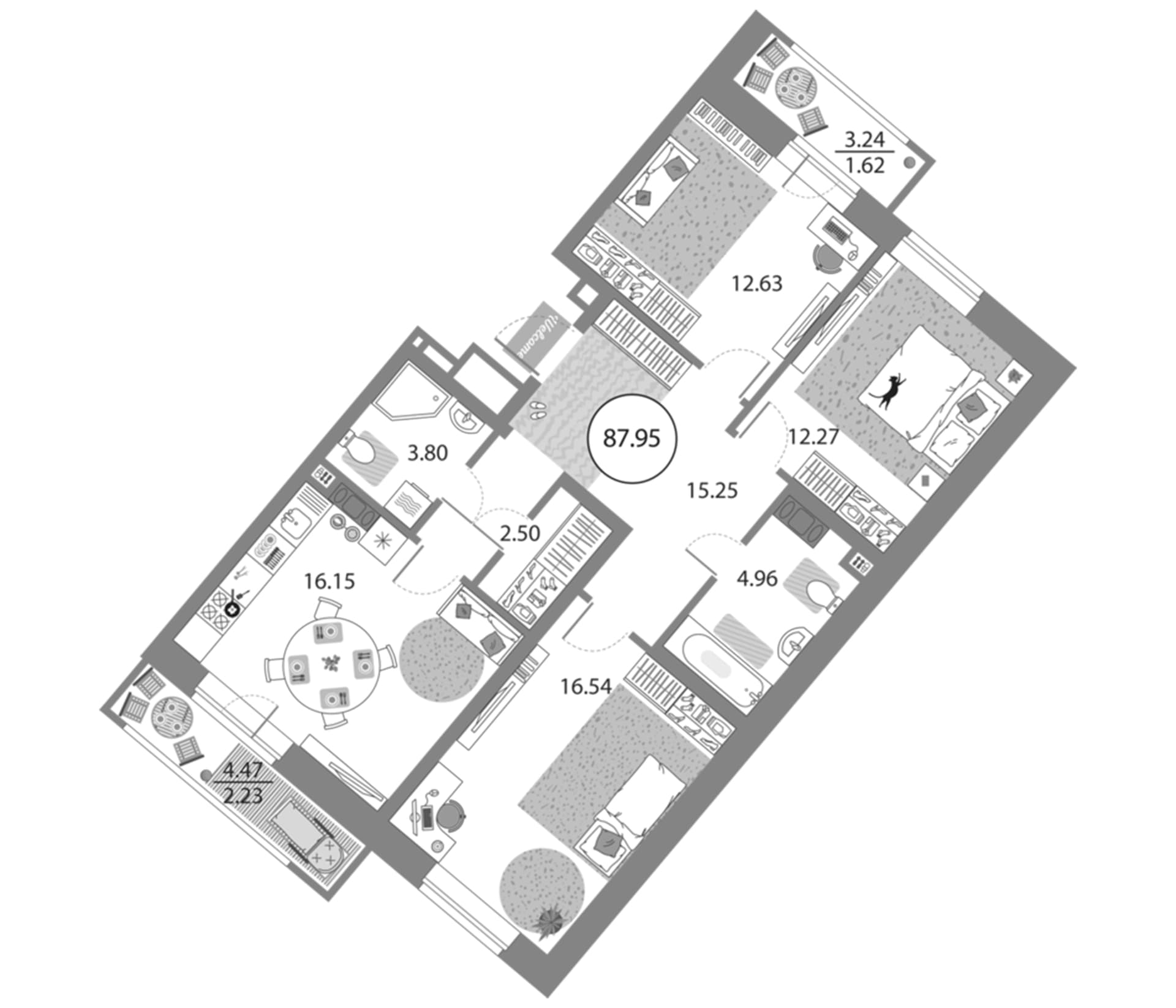 Планировка: 3-комнатная квартира 84,1 м² в ЖК «Modum»