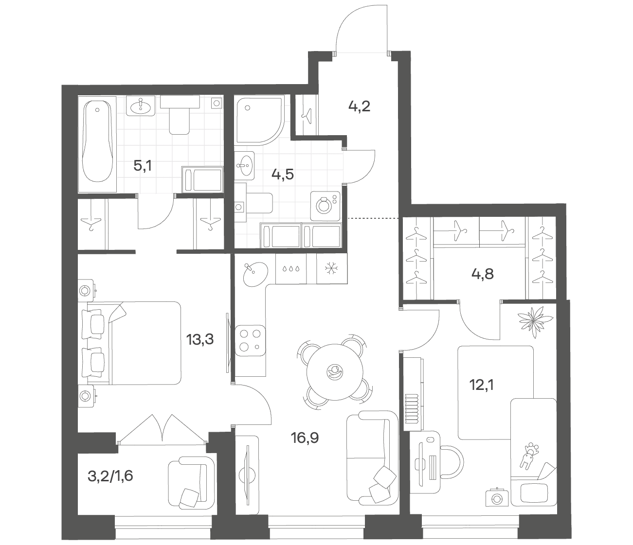 Планировка: Евротрёшка 62,8 м² в ЖК «Речной Квартал»