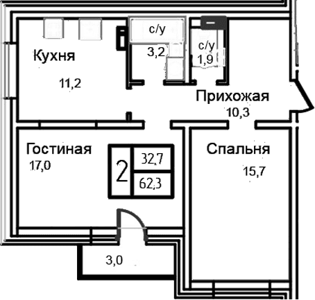 Планировка: 2-комнатная квартира 59,3 м² в ЖК «Троицкий»